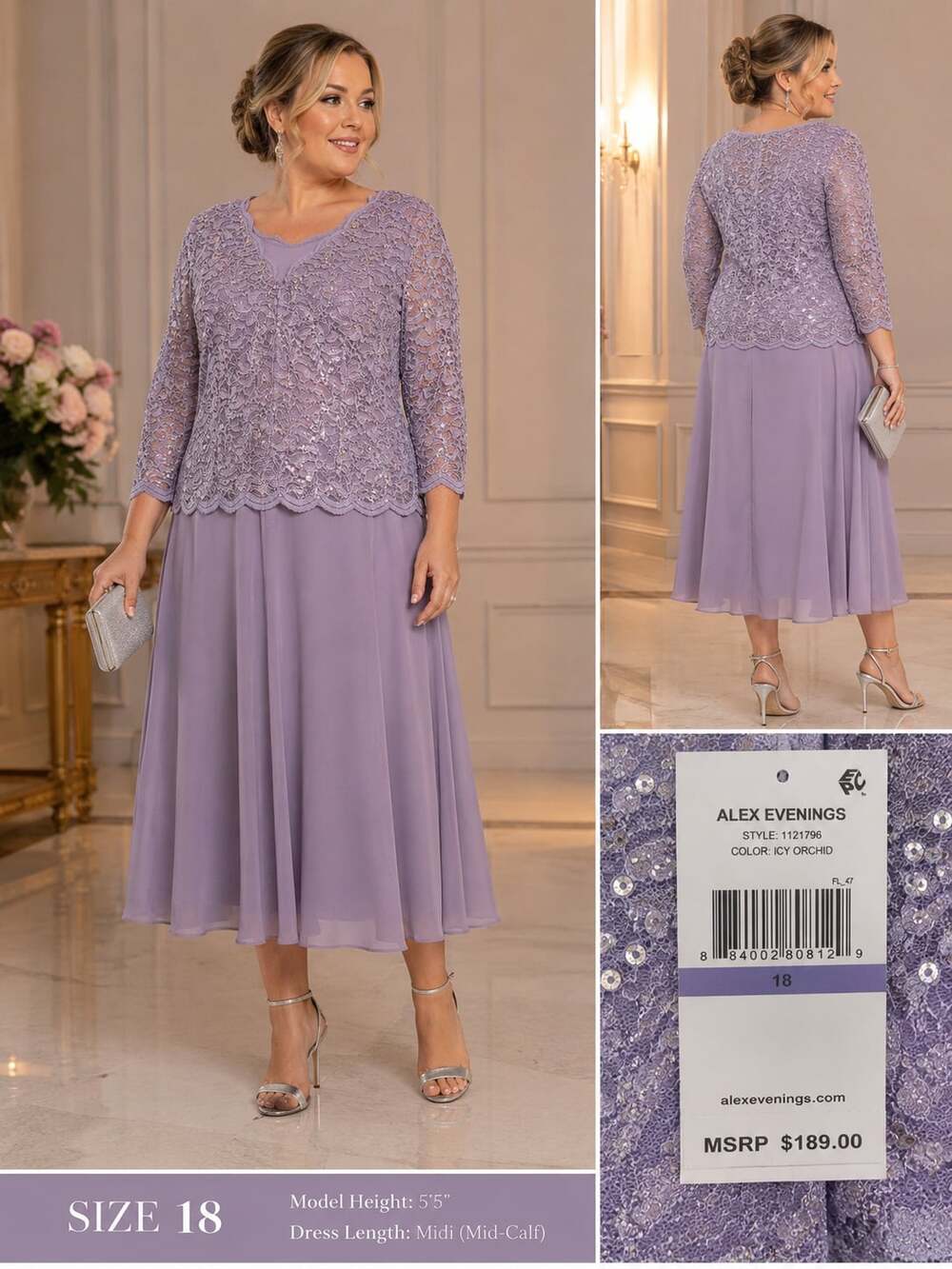 Alex Evenings Mock Two-Piece Midi Dress Sequin Lace Bodice Chiffon Skirt